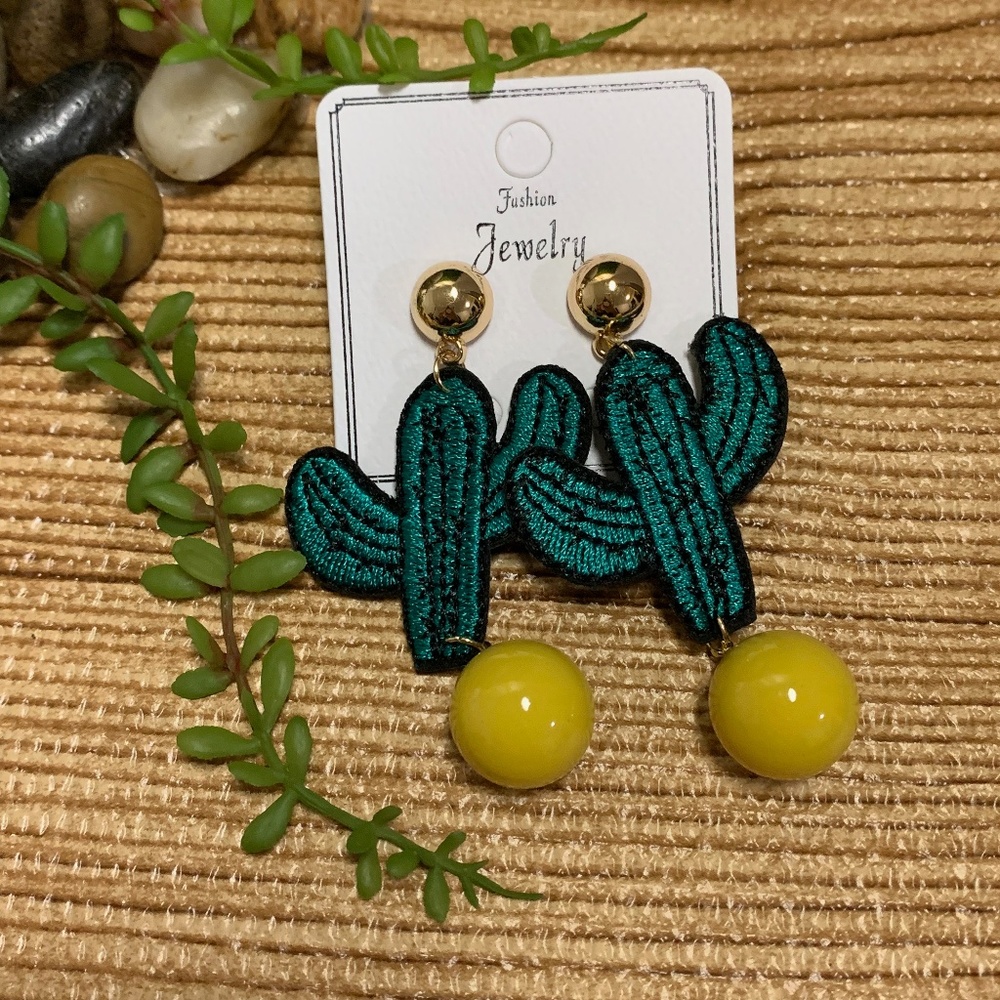 3/$25 Embroidered Cactus Statement Stud Earrings